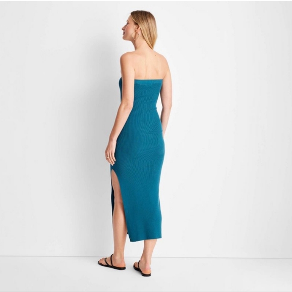 Future Collective Teal Blue Strapless Ribbed Midi Dress Size 3X Elastic Top NWT - Picture 2 of 9